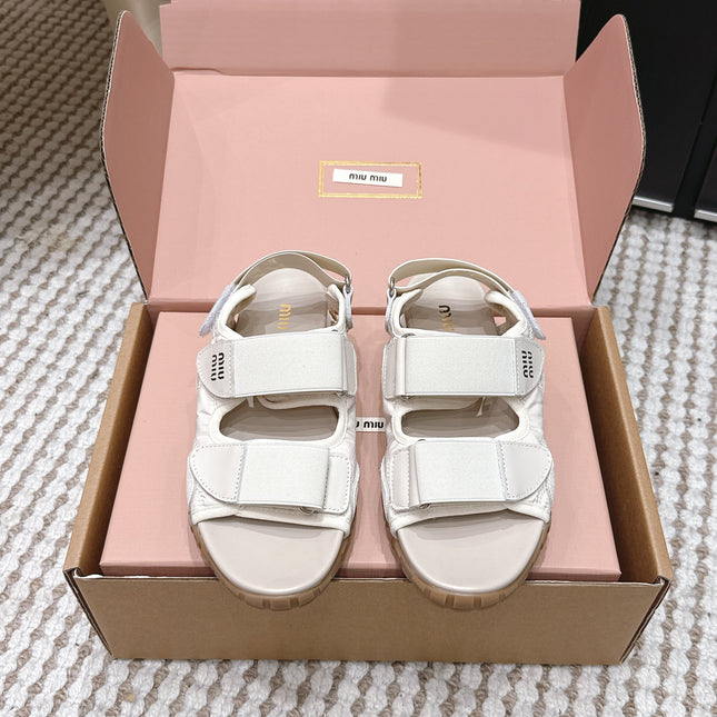 MIUMIU 26S VELCRO SANDALS IN CREAM WHITE CALFSKIN AND NYLON SILVER HARDWARE
