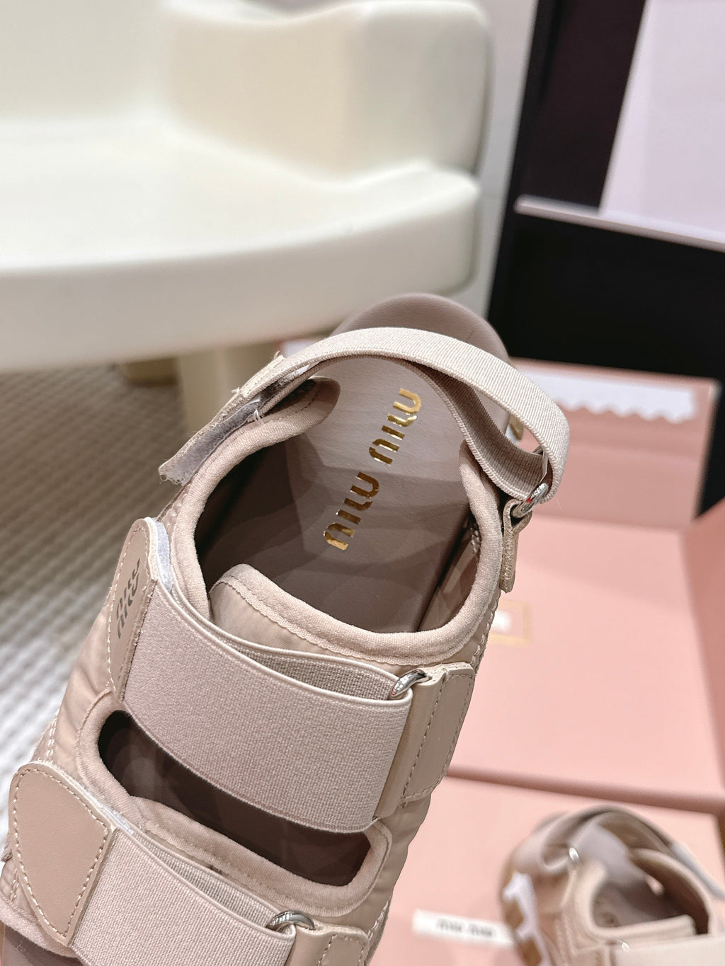 MIUMIU 26S VELCRO SANDALS IN LIGHT BROWN CALFSKIN AND NYLON SILVER HARDWARE