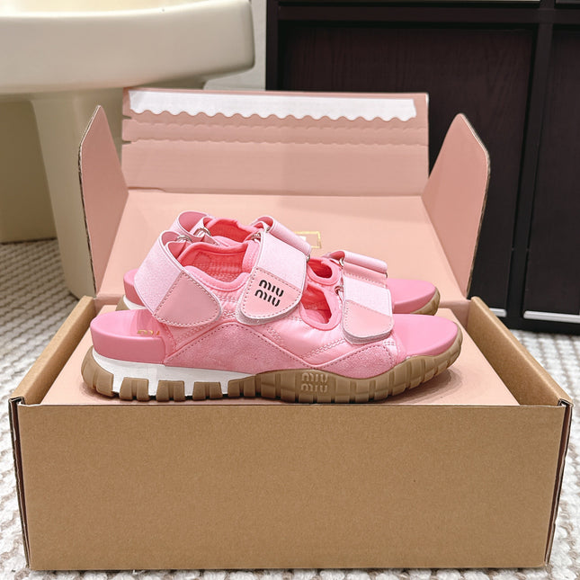 MIUMIU 26S VELCRO SANDALS IN PINK CALFSKIN AND NYLON SILVER HARDWARE