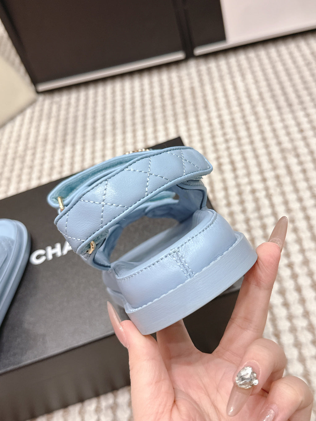 CHANEL 26S QUILTED DAD SANDALS IN LIGHT BLUE CALFSKIN