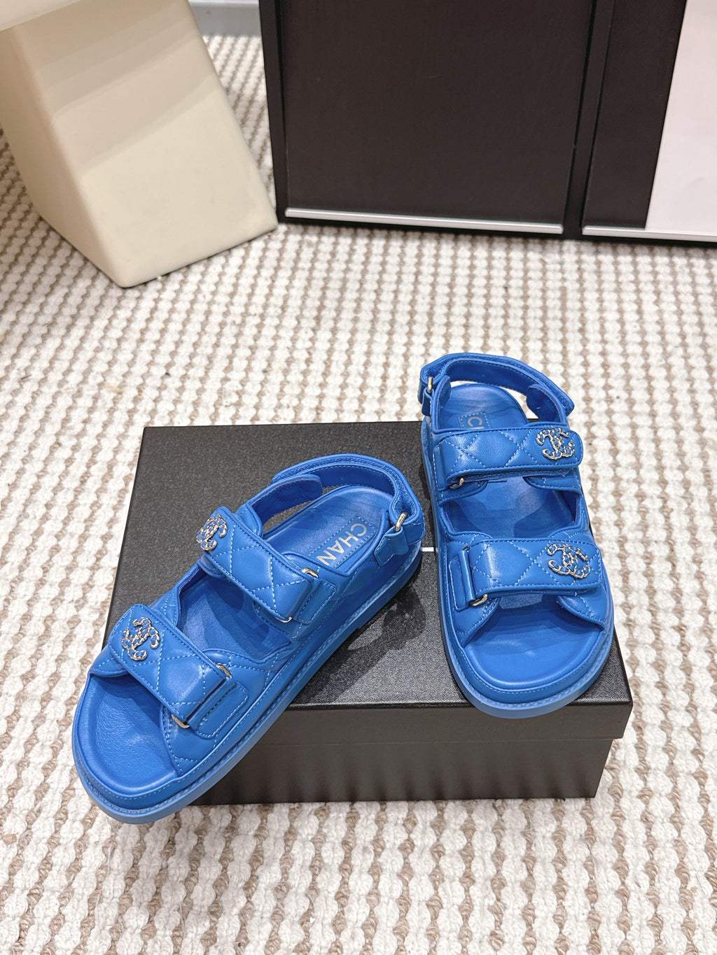 CHANEL 26S QUILTED DAD SANDALS IN BLUE CALFSKIN
