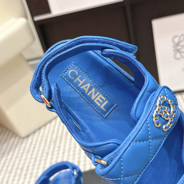 CHANEL 26S QUILTED DAD SANDALS IN BLUE CALFSKIN