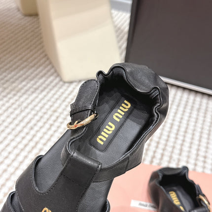MIUMIU 26S RUCHES FISHERMAN SANDALS IN BLACK CALFSKIN GOLD HARDWARE