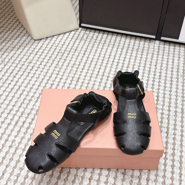 MIUMIU 26S RUCHES FISHERMAN SANDALS IN BLACK CALFSKIN GOLD HARDWARE