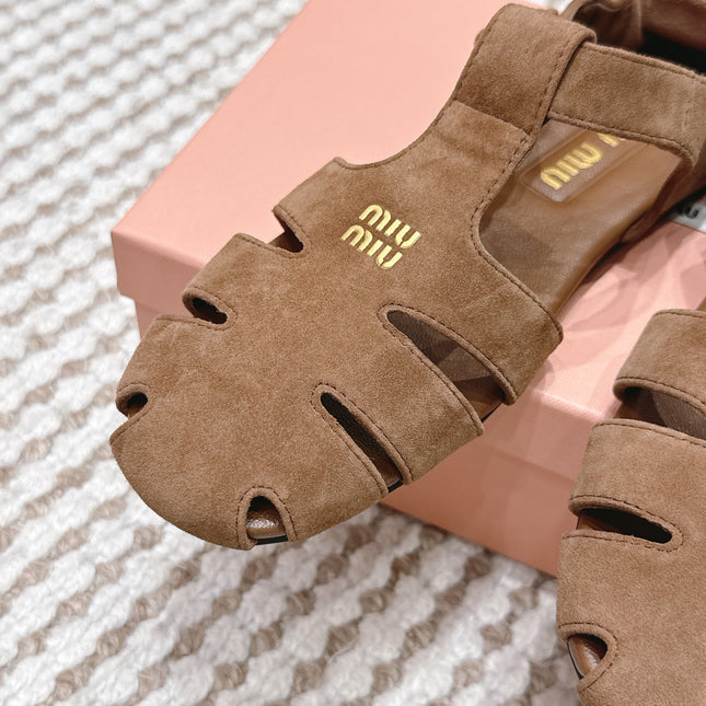 MIUMIU 26S RUCHES FISHERMAN SANDALS IN BROWN SUEDE GOLD HARDWARE