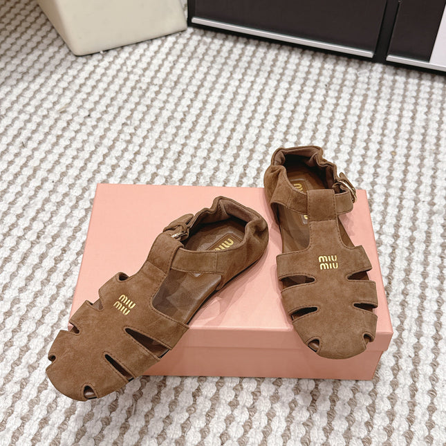 MIUMIU 26S RUCHES FISHERMAN SANDALS IN BROWN SUEDE GOLD HARDWARE