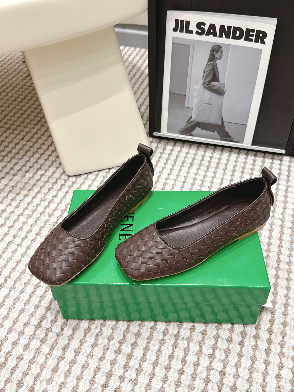 BOTTEGA VENETA 26S SQUARE-TOE FLATS IN DARK BROWN TECHNICAL WOVEN LAMBSKIN
