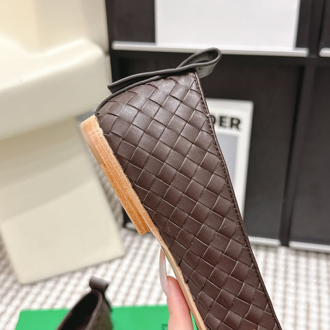 BOTTEGA VENETA 26S SQUARE-TOE FLATS IN DARK BROWN TECHNICAL WOVEN LAMBSKIN