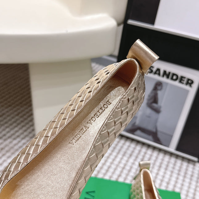 BOTTEGA VENETA 26S SQUARE-TOE FLATS IN LIGHT METALLIC GOLD TECHNICAL WOVEN LAMBSKIN