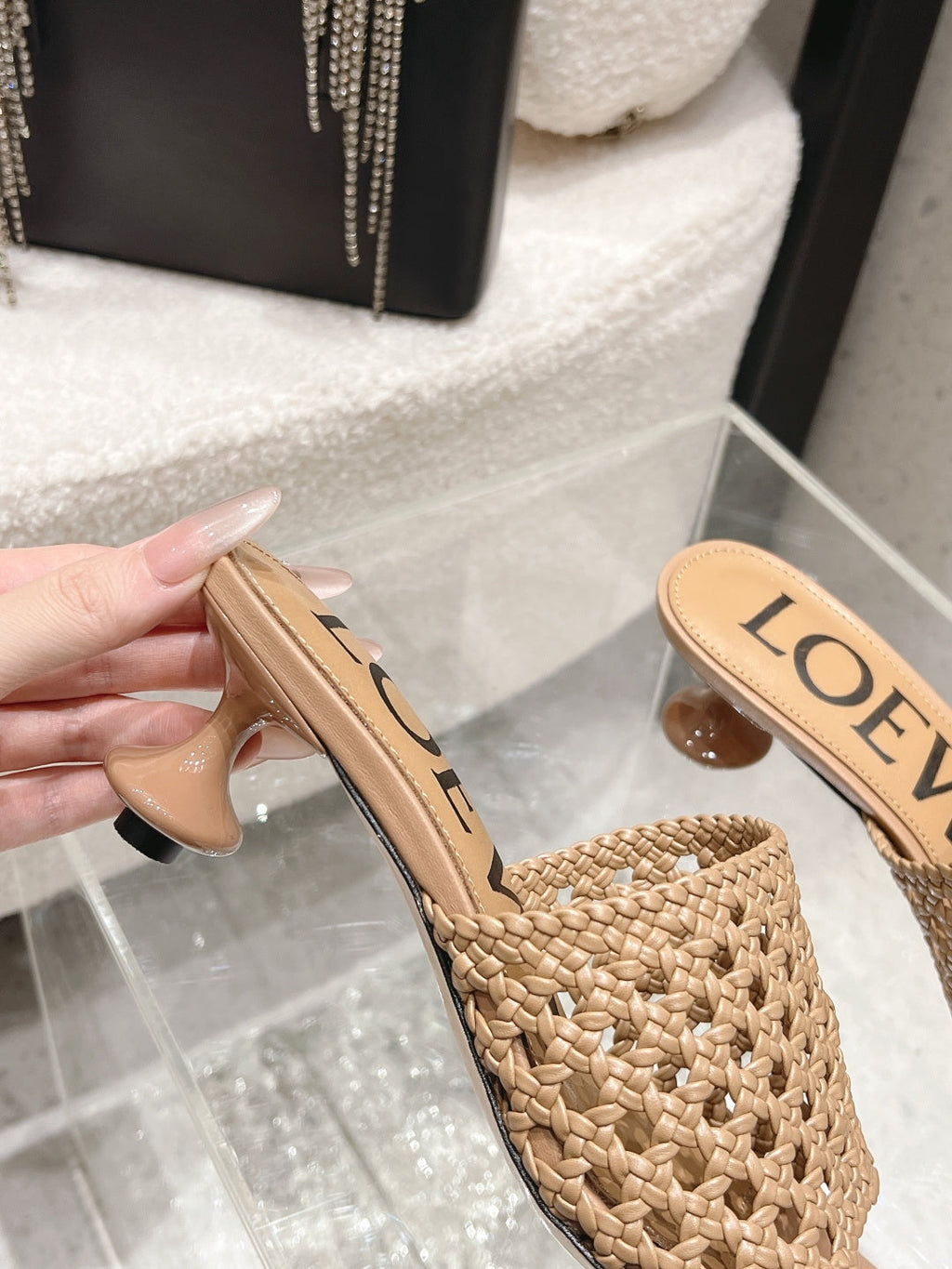 LOEWE 26S WOVEN HEEL SANDALS 50 MM IN DARK BEIGE LAMBSKIN