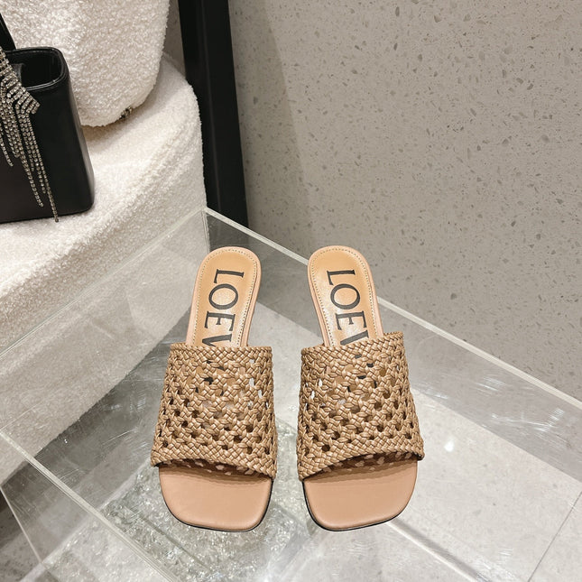 LOEWE 26S WOVEN HEEL SANDALS 50 MM IN DARK BEIGE LAMBSKIN