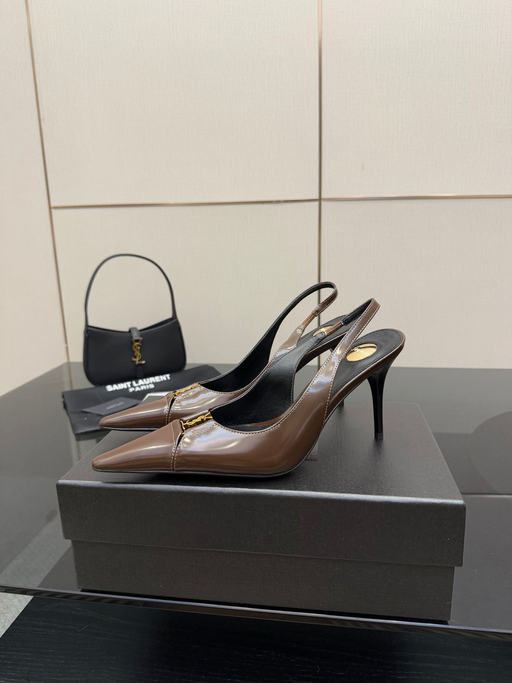YSL 25S SLINGBACK HIGH HEELS 90 MM IN CHOCOLATE BROWN LAMBSKIN WITH GOLD HARDWARE STYLE 7