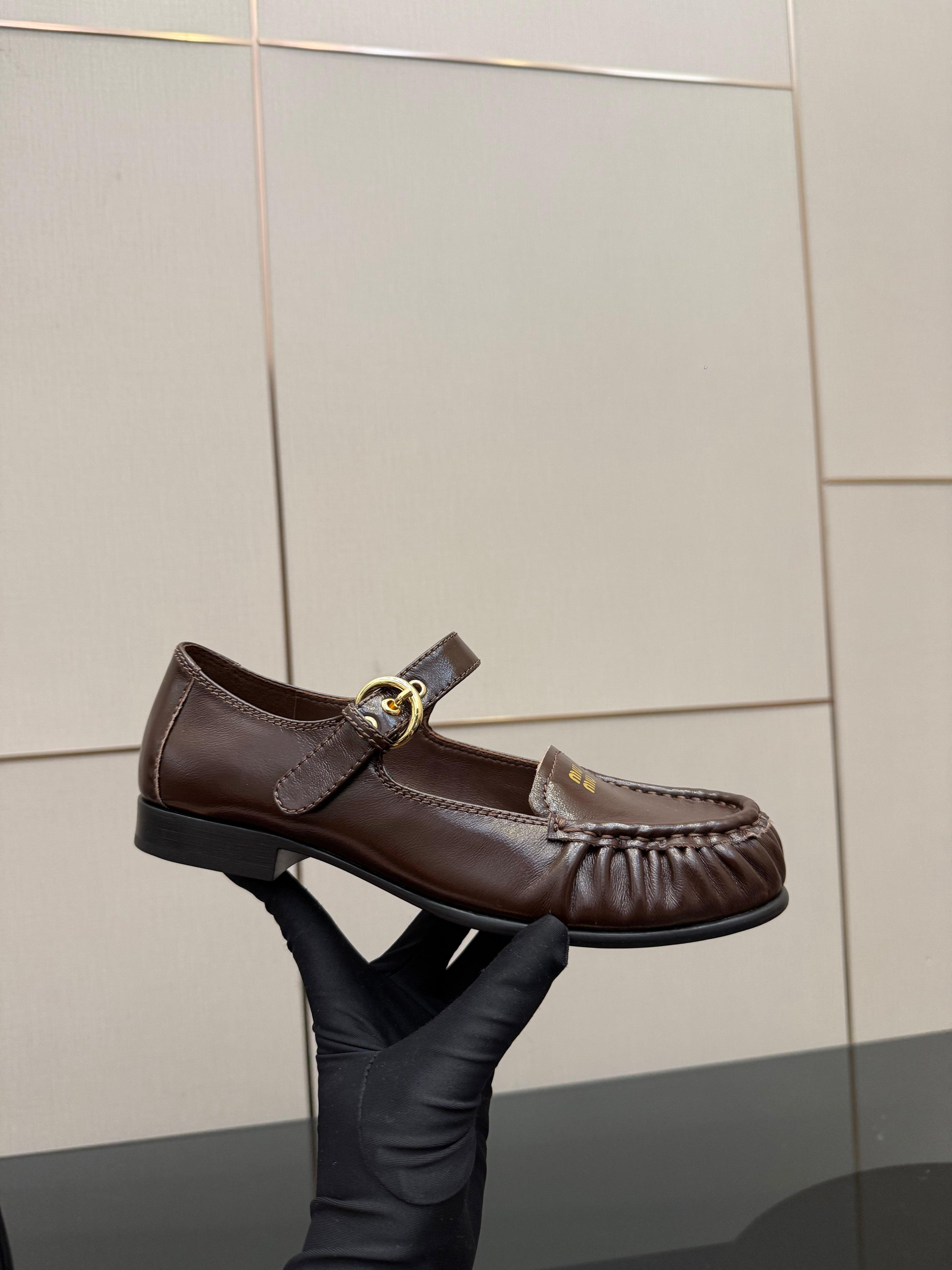 MIUMIU 25S LOAFERS WITH STRAP IN DARK BROWN LAMBSKIN
