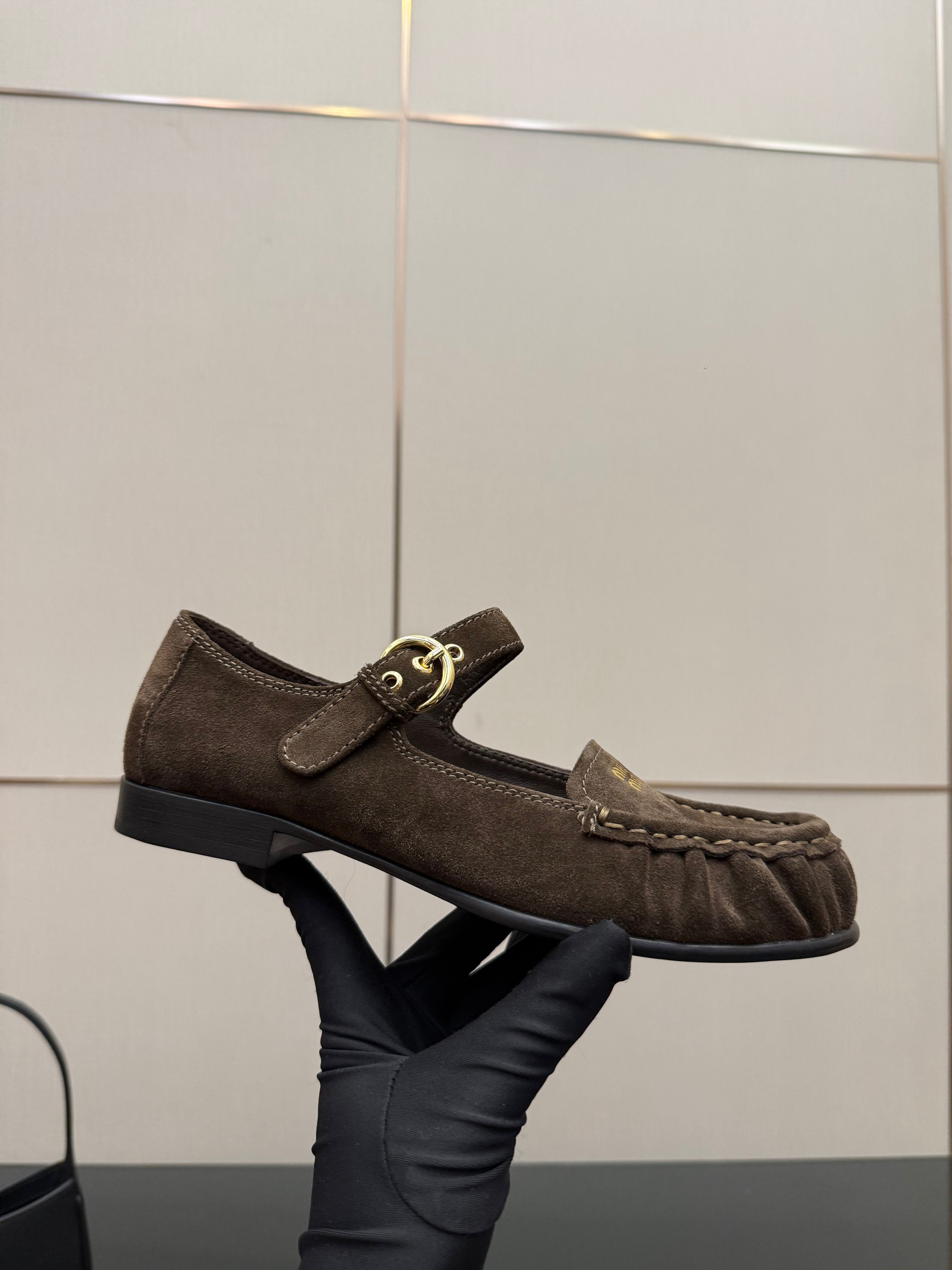 MIUMIU 25S LOAFERS WITH STRAP IN DARK BROWN SUEDE