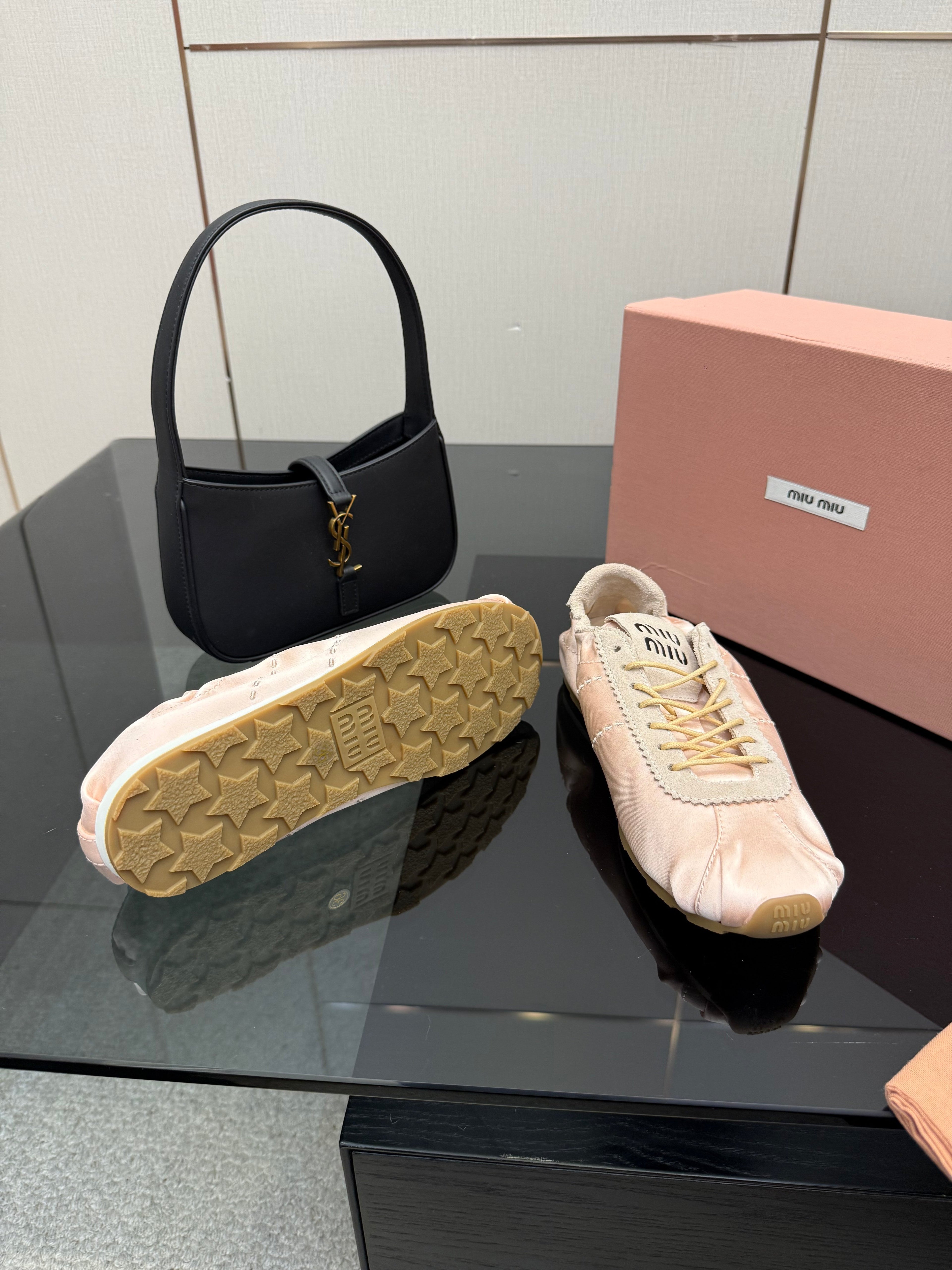 MIUMIU 25S SNEAKERS IN POWDER PINK PLUME SATIN