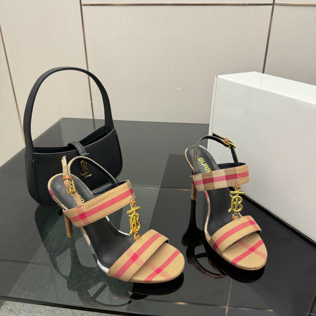 BURBERRY 26S HIGH-HEELED SANDALS 100 MM IN LIGHT BROWN STRIPES FABRIC