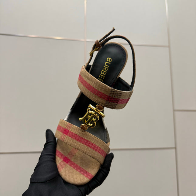 BURBERRY 26S HIGH-HEELED SANDALS 100 MM IN LIGHT BROWN STRIPES FABRIC