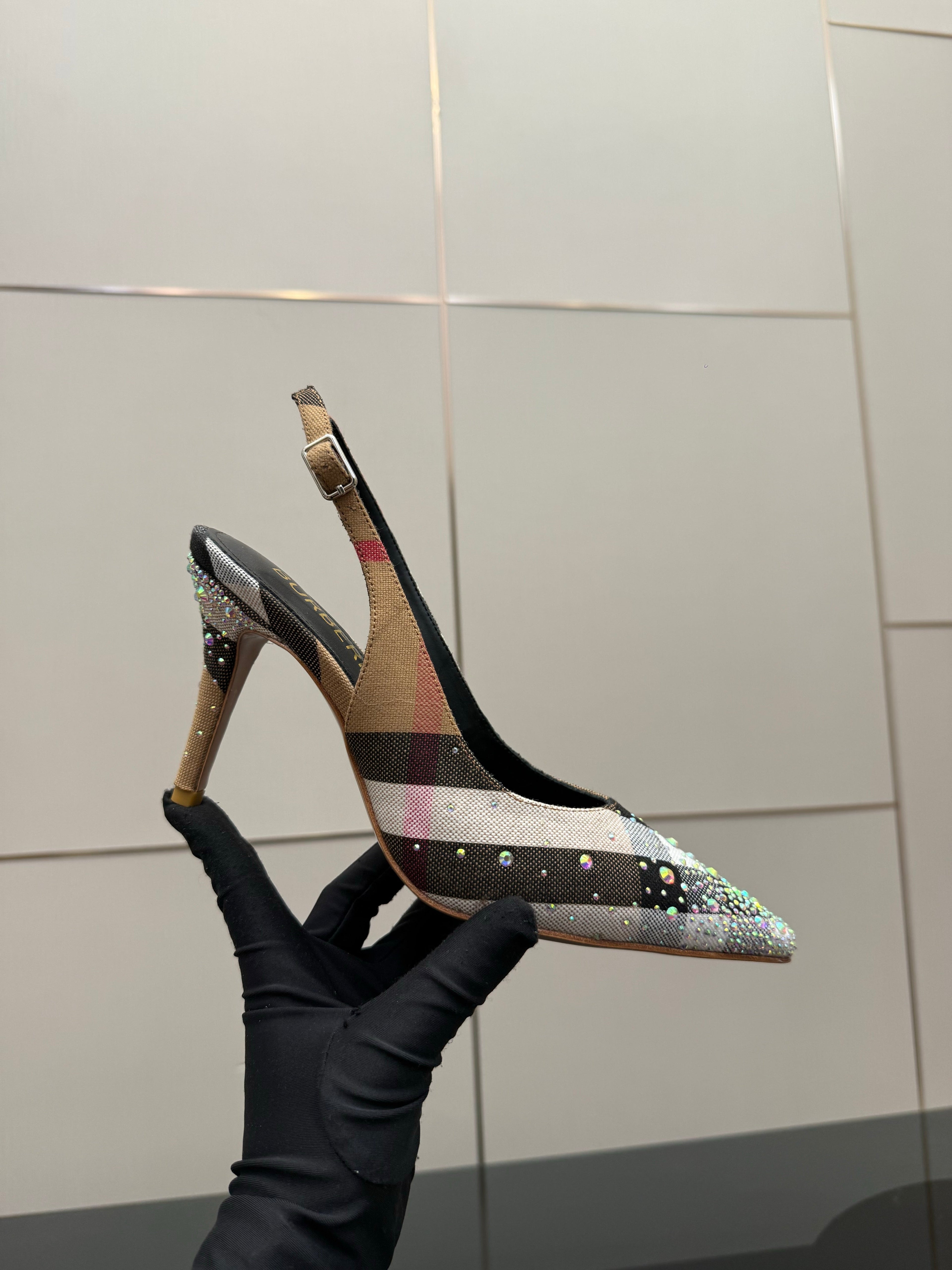 BURBERRY 26S SLINGBACK HEELS 85 MM IN STRIPED COLOR COORDINATION FABRIC