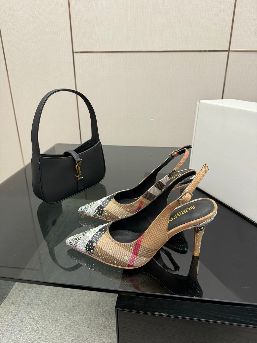 BURBERRY 26S SLINGBACK HEELS 85 MM IN STRIPED COLOR COORDINATION FABRIC