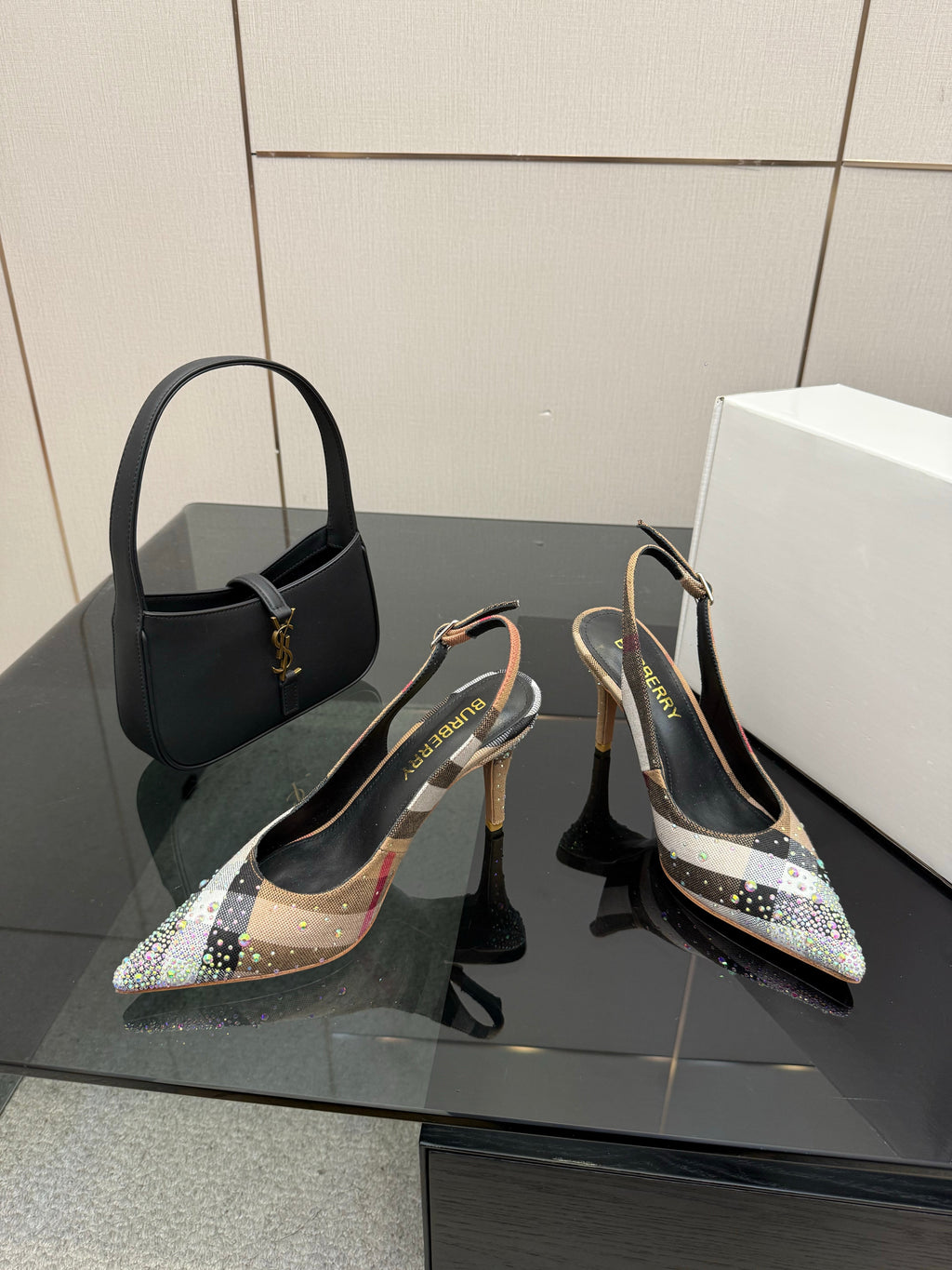 BURBERRY 26S SLINGBACK HEELS 85 MM IN STRIPED COLOR COORDINATION FABRIC