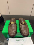 BOTTEGA VENETA 26S BACKLESS LOAFERS IN BROWN TECHNICAL WOVEN CALFSKIN
