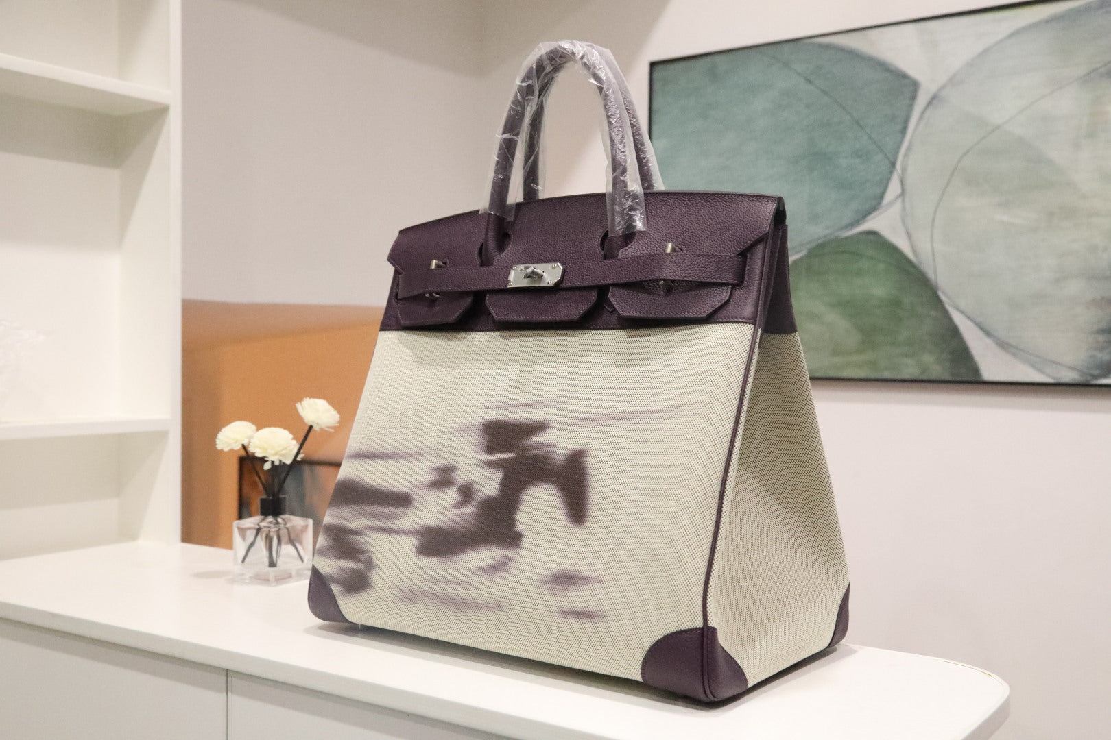 HM 25S BIRKIN 40 CM IN OFF-WHITE CANVAS AND PURPLE TOGO WITH SILVER HARDWARE