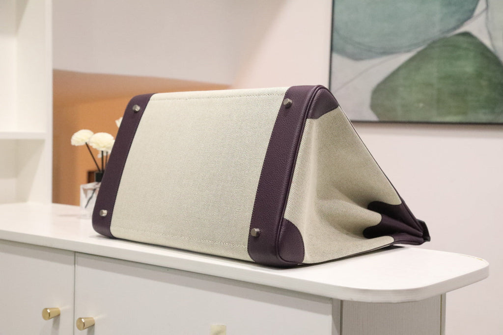 HM 25S BIRKIN 40 CM IN OFF-WHITE CANVAS AND PURPLE TOGO WITH SILVER HARDWARE
