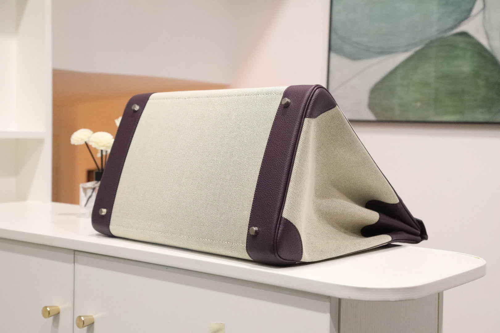 HM 25S BIRKIN 40 CM IN OFF-WHITE CANVAS AND PURPLE TOGO WITH SILVER HARDWARE