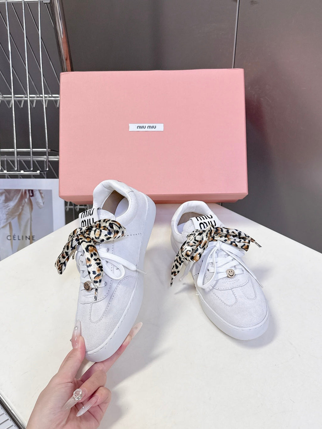 MIUMIU 25S SNEAKERS IN WHITE SUEDE WITH LEOPARD-PRINT LACES