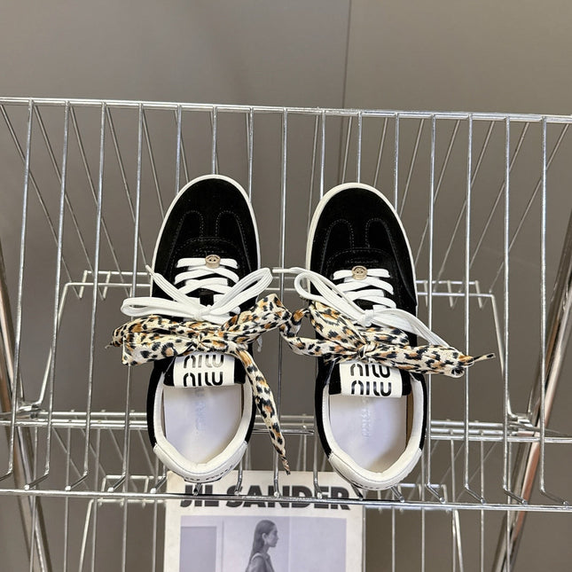 MIUMIU 25S SNEAKERS IN BLACK SUEDE WITH LEOPARD-PRINT LACES