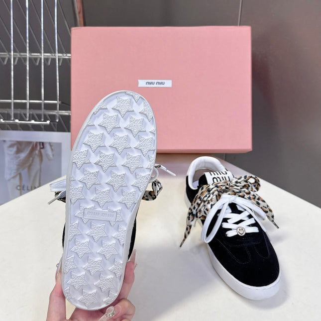 MIUMIU 25S SNEAKERS IN BLACK SUEDE WITH LEOPARD-PRINT LACES