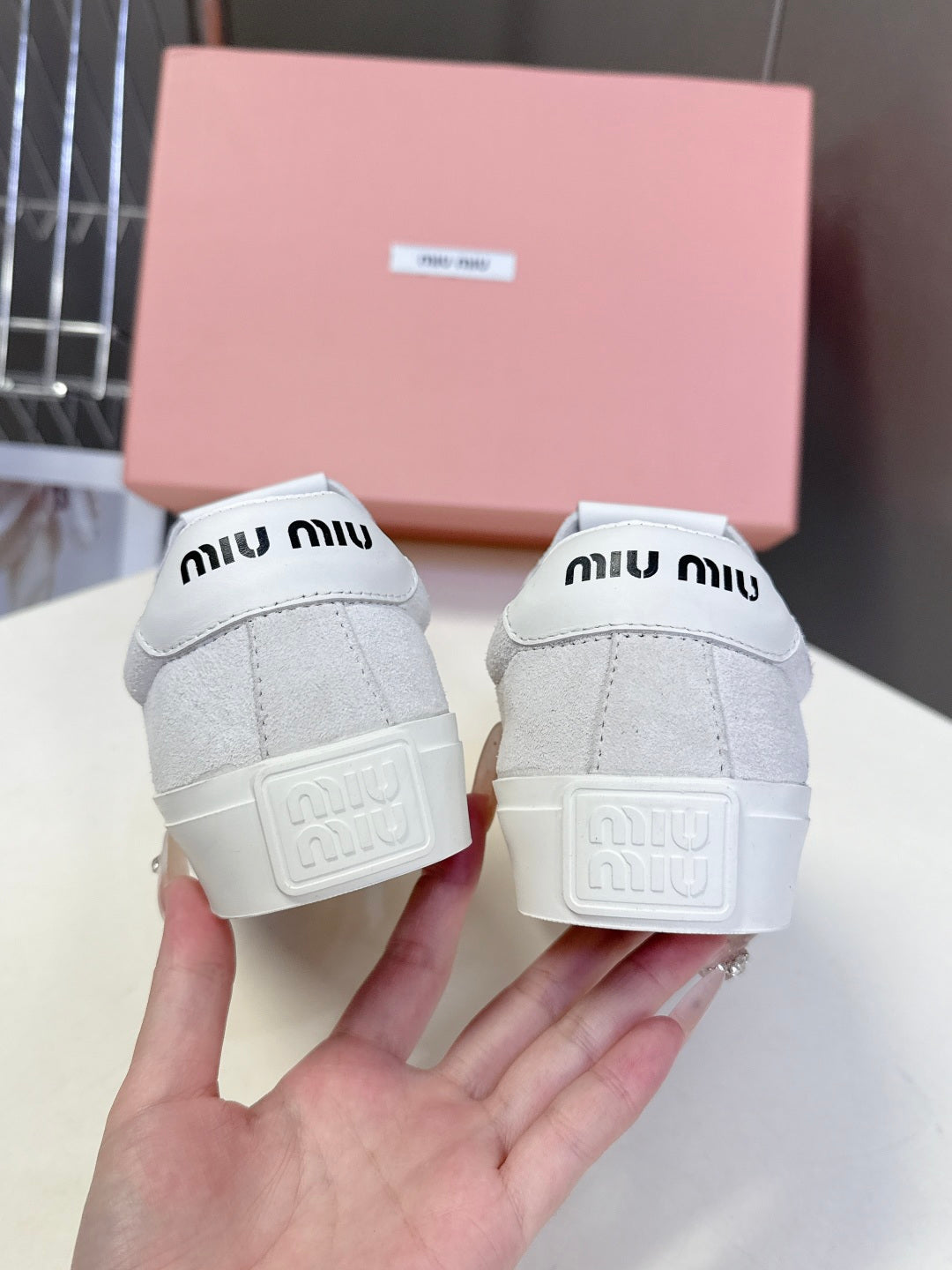 MIUMIU 25S SNEAKERS IN WHITE SUEDE