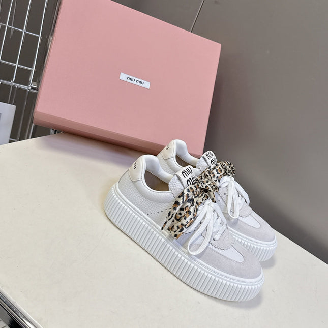 MIUMIU 25S SNEAKERS 45NN IN WHITE SUEDE WITH LEOPARD-PRINT LACES