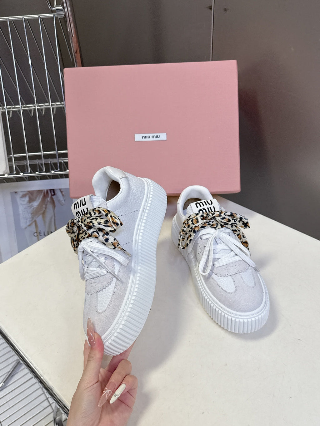 MIUMIU 25S SNEAKERS 45NN IN WHITE SUEDE WITH LEOPARD-PRINT LACES