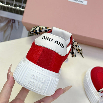 MIUMIU 25S SNEAKERS 45MM IN DARK RED SUEDE WITH LEOPARD-PRINT LACES
