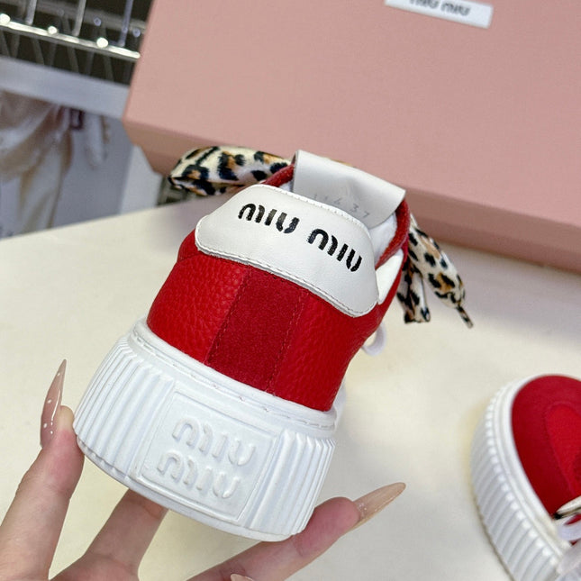 MIUMIU 25S SNEAKERS 45MM IN DARK RED SUEDE WITH LEOPARD-PRINT LACES