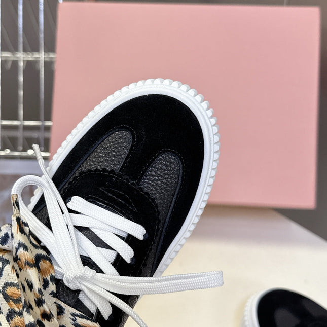 MIUMIU 25S SNEAKERS 45MM IN BLACK SUEDE WITH LEOPARD-PRINT LACES