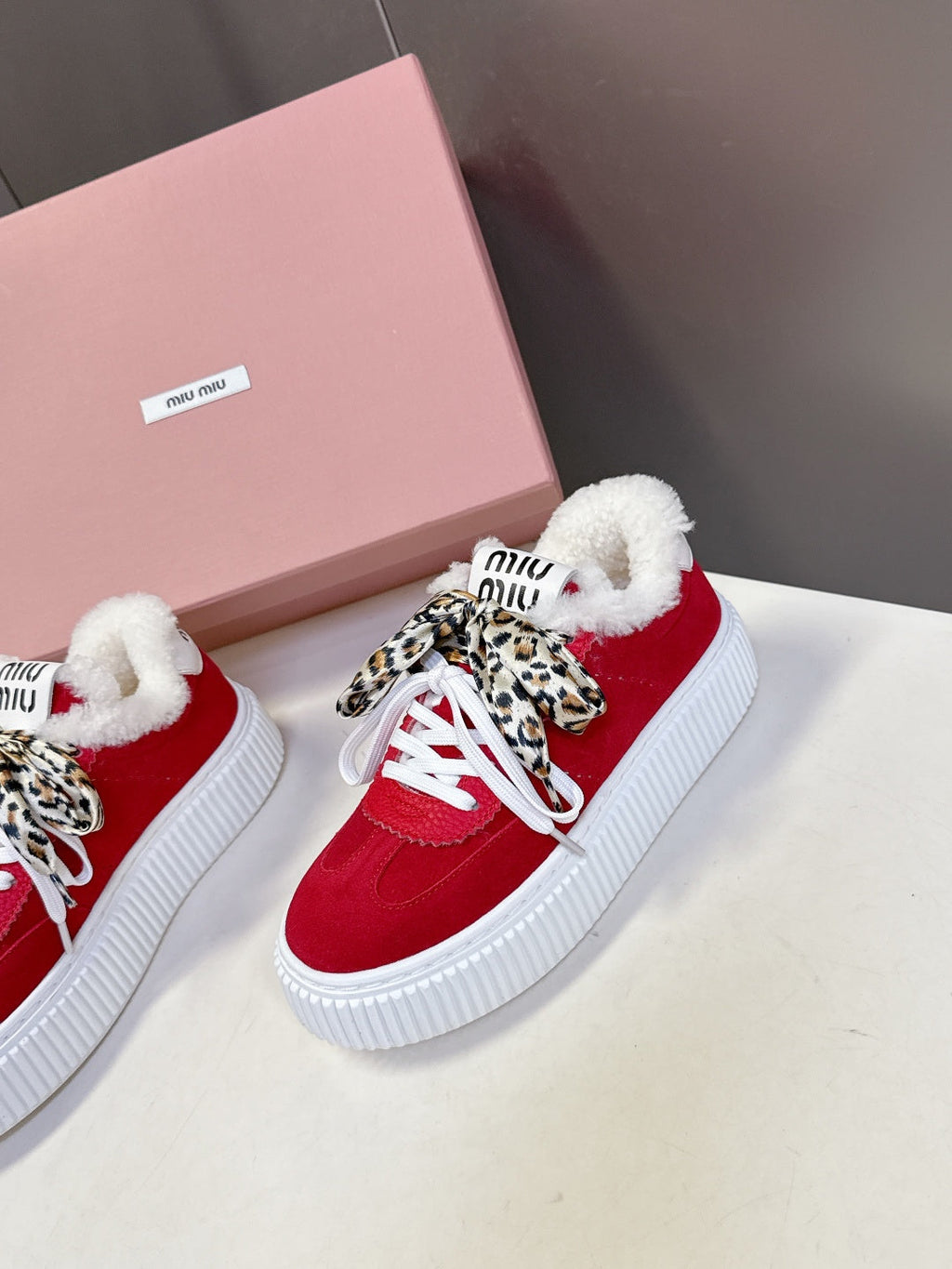 MIUMIU 25S SNEAKERS 45MM IN DARK RED SUEDE WITH LEOPARD-PRINT LACES SHEARLING