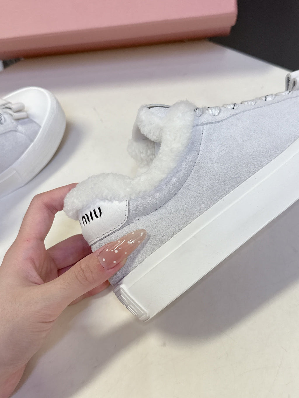 MIUMIU 25S SNEAKERS IN WHITE SUEDE WITH SHEARLING