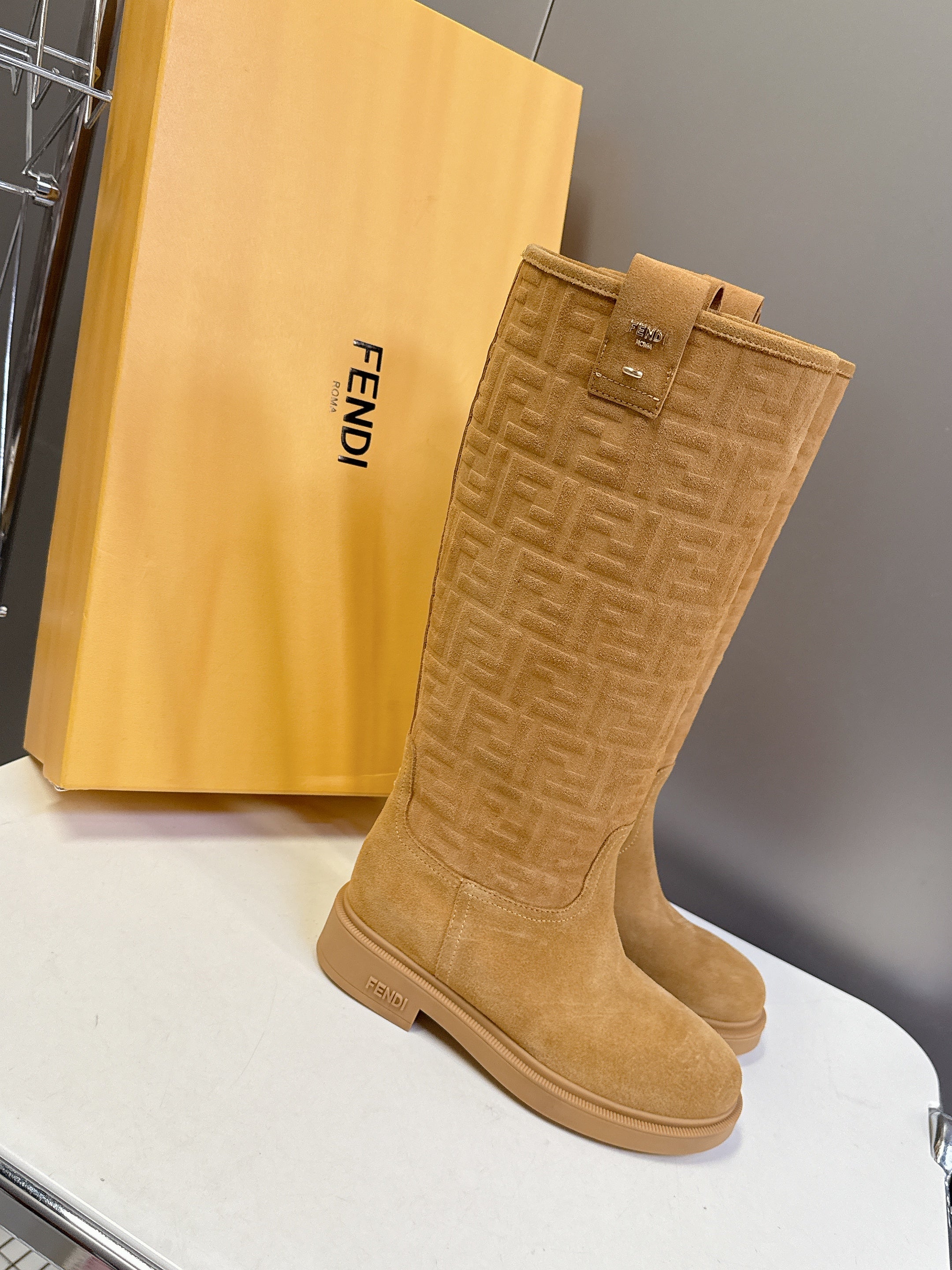 FENDI 25S HIGH-CUT BOOTS IN GOLDEN BROWN SUEDE