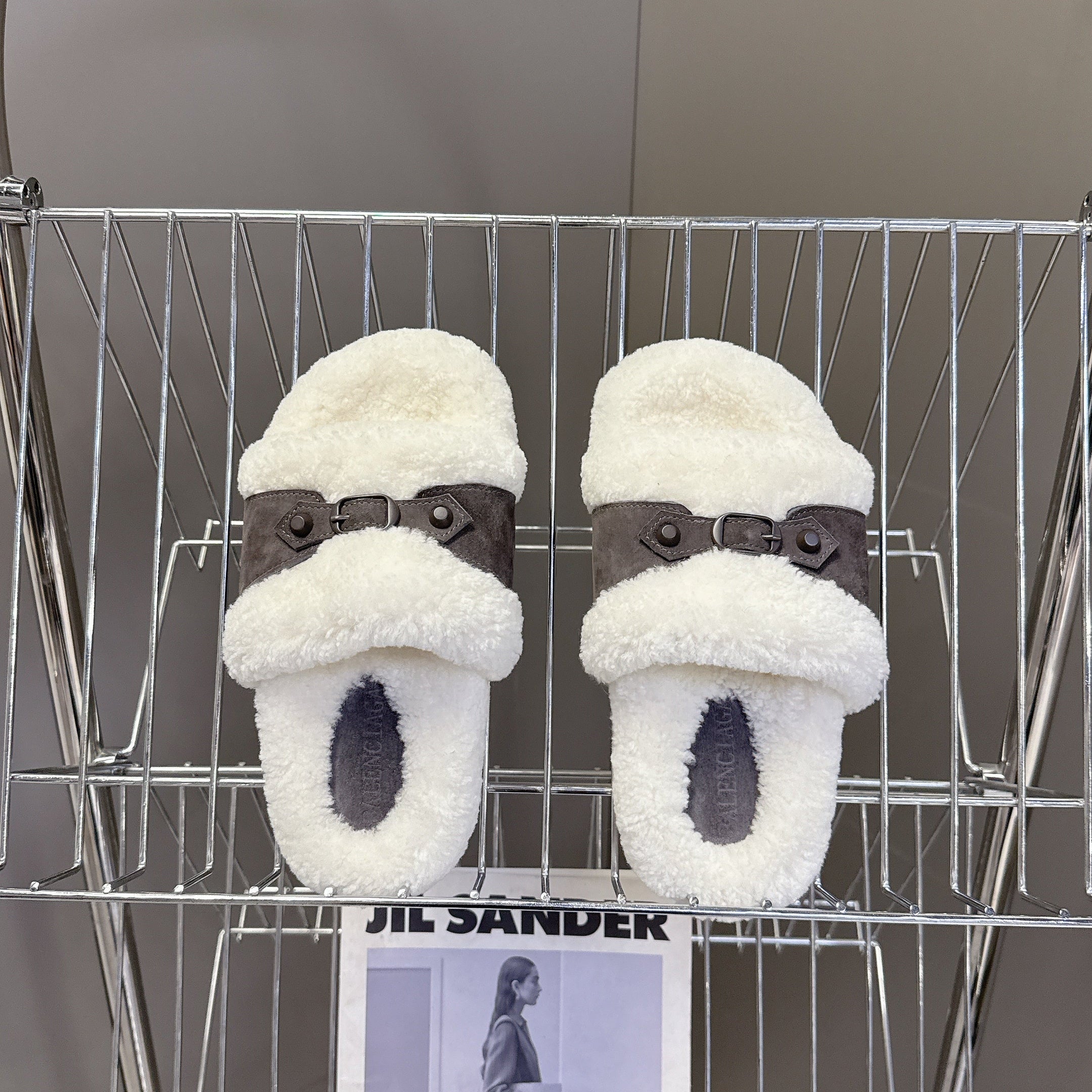 BALENCIAGA 25S SLIPPERS IN MUTED PURPLE GRAY SUEDE AND WHITE WOOL