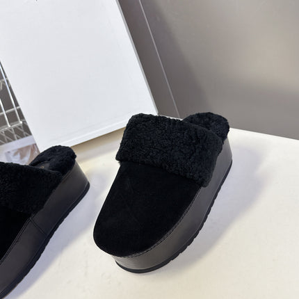 CELINE 26S WEDGE MULES IN BLACK SUEDE AND WOOL