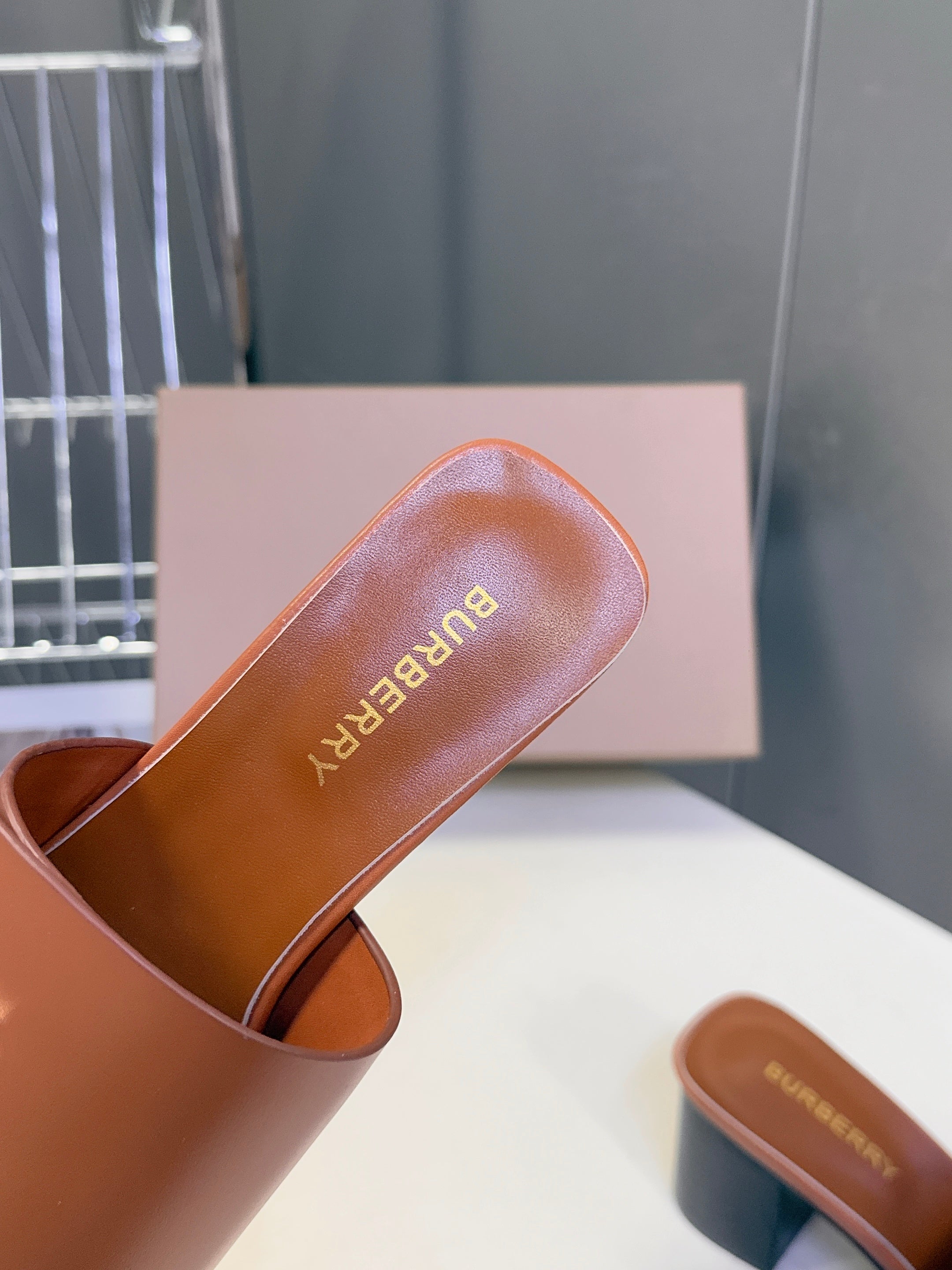 BURBERRY 26S HIGH HEEL MULE SANDALS 60MM IN CARAMEL BROWN CALFSKIN
