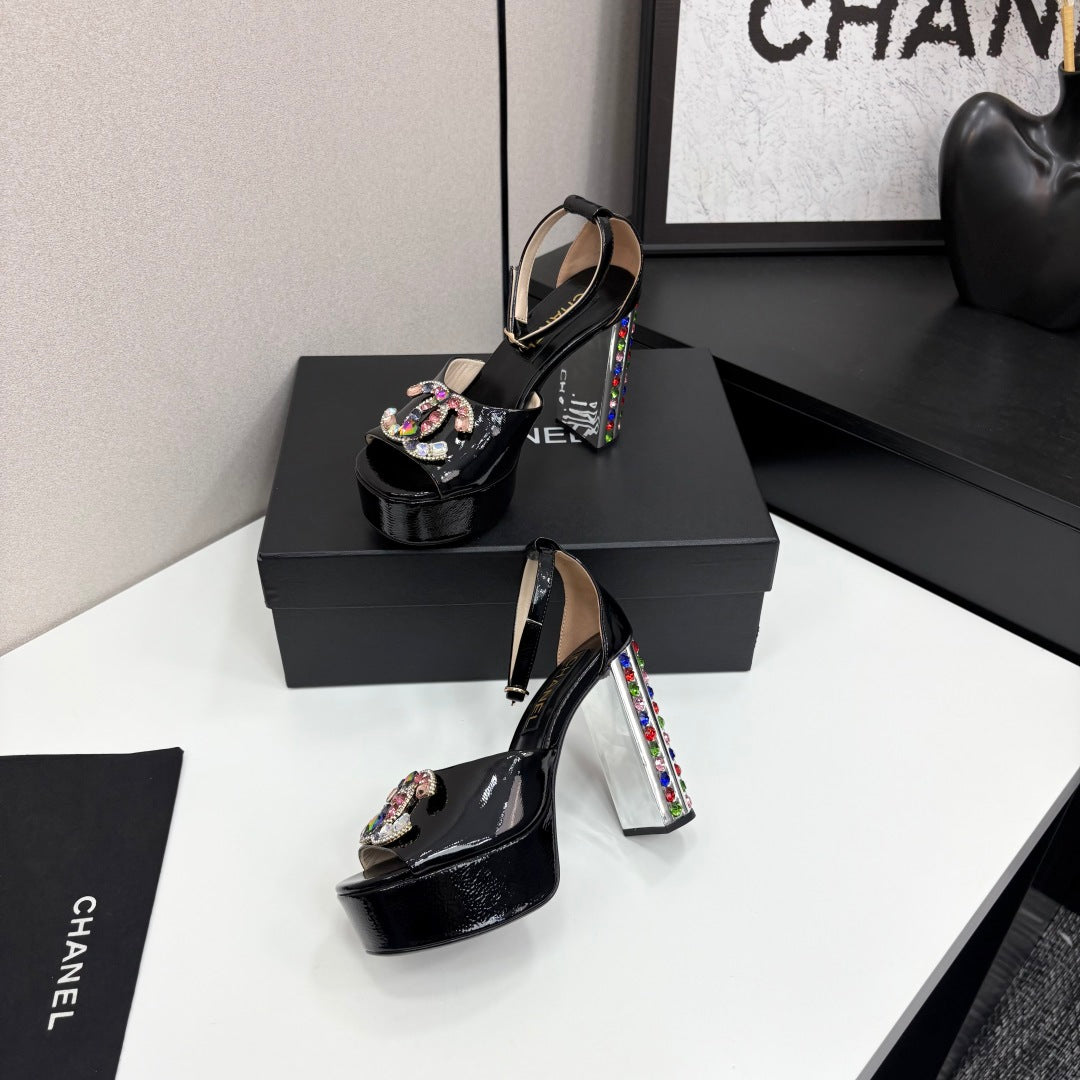 CC HIGH SANDAL 25S 110 MM IN BLACK CALFSKIN WITH MULTICOLOR STONES