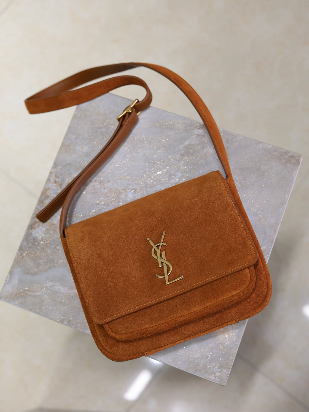 YSL 25S NIKI SATCHEL 22 IN DARK CARAMEL SUEDE GOLD HARDWARE
