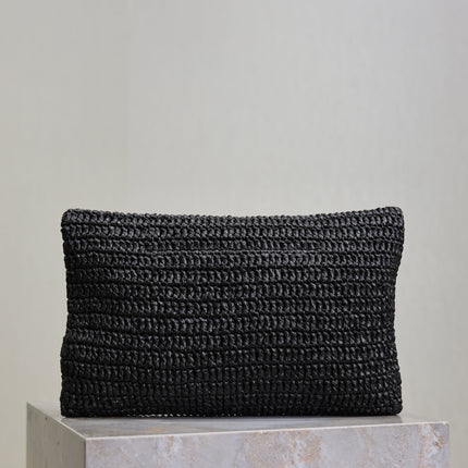 YSL 25S CASSANDRE LARGE ENVELOPE POUCH 29 IN BLACK RAFFIA GOLD HARDWARE