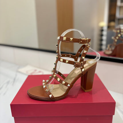 VALENTINO 26S STUDDED HIGH HEEL SANDALS 90 MM IN BROWN CALFSKIN