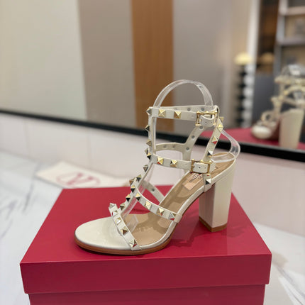 VALENTINO 26S STUDDED HIGH HEEL SANDALS 90 MM IN CREAM WHITE CALFSKIN