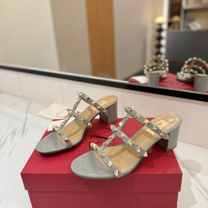 VALENTINO 26S HEELED SANDALS 60 MM IN LIGHT GREY CALFSKIN WITH GOLD STUDS