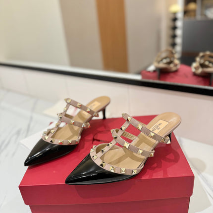 VALENTINO 26S STUDDED HEELED MULES 50 MM IN BLACK PATENT CALFSKIN